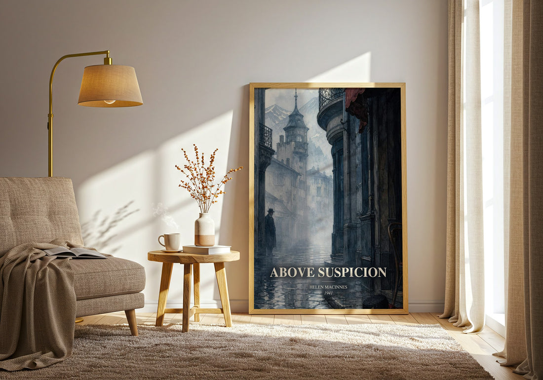 Above Suspicion watercolour print in frame leaning in hallway – thriller wall art (mockup)