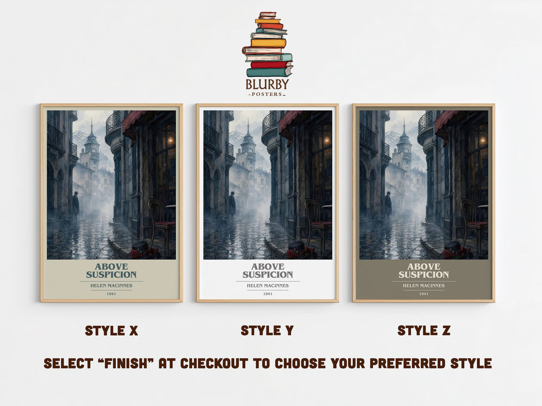 Above Suspicion book cover print in frame leaning in hallway – thriller wall art (mockup)