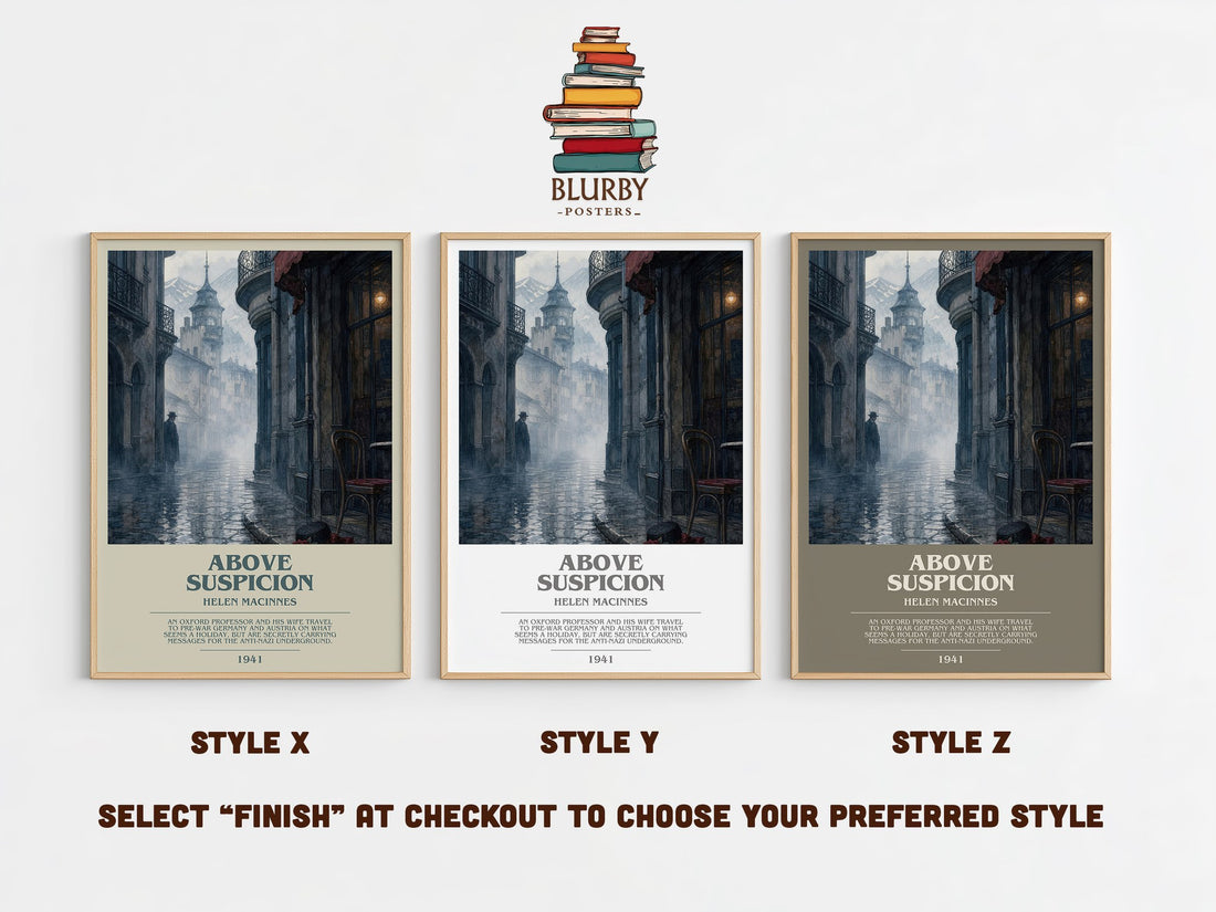 Above Suspicion bookish print in frame leaning in hallway – thriller wall art (mockup)