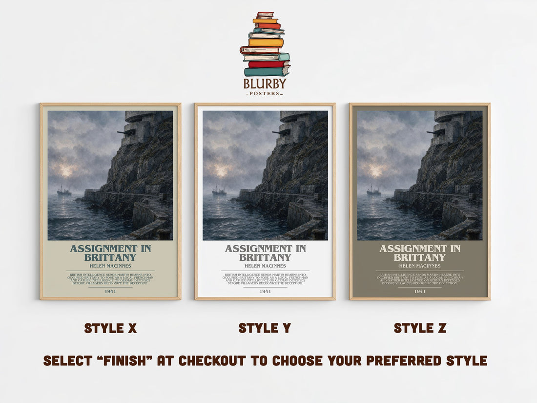 Assignment in Brittany bookish print in frame leaning in hallway – thriller wall art (mockup)