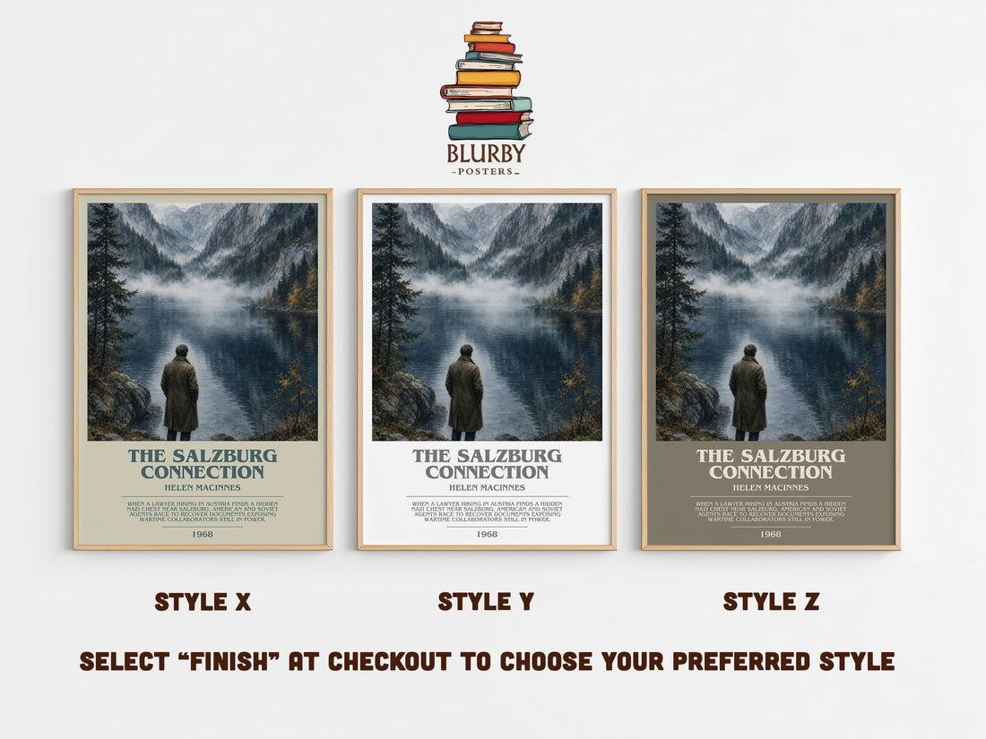 The Salzburg Connection bookish print in frame leaning in hallway – thriller wall art (mockup)
