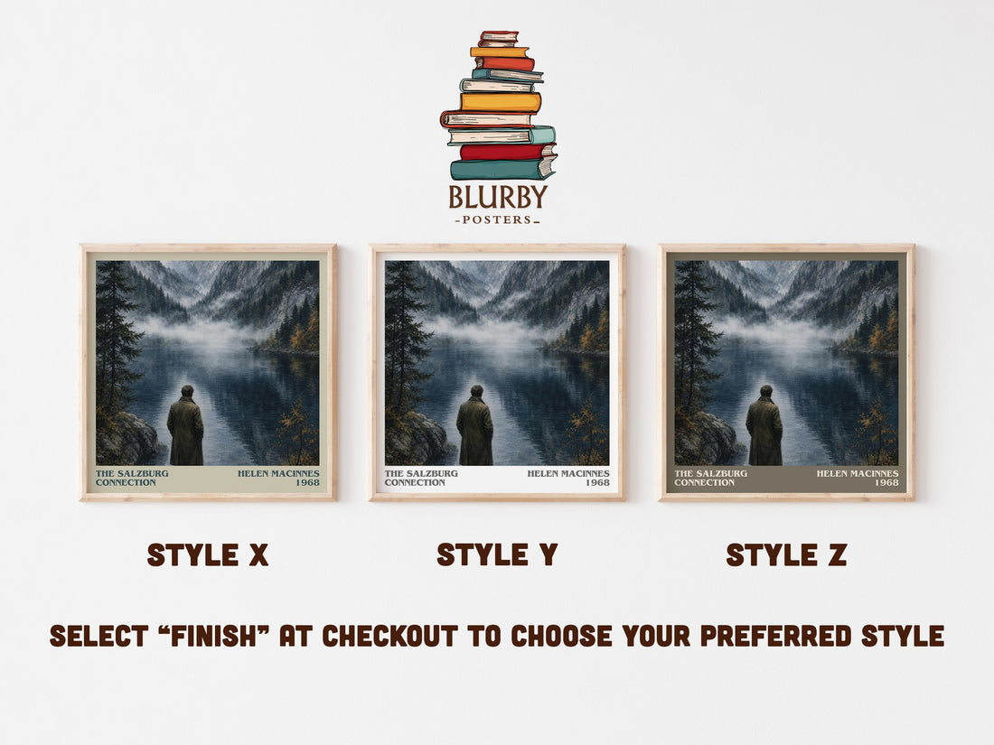 The Salzburg Connection literary print in frame leaning in hallway – thriller wall art (mockup)