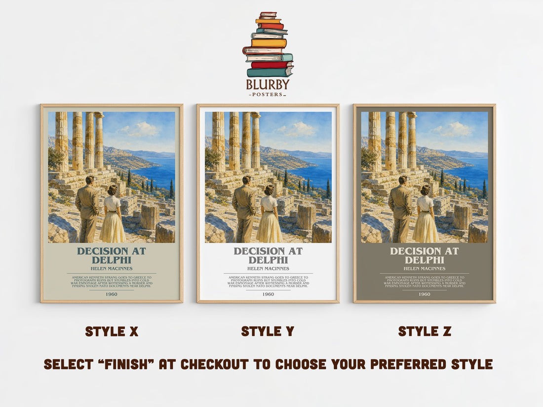 Decision at Delphi bookish print in frame leaning in hallway – thriller wall art (mockup)