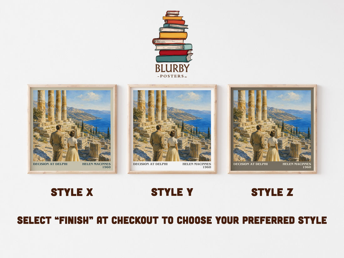Decision at Delphi literary print in frame leaning in hallway – thriller wall art (mockup)