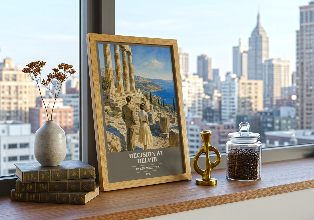 Decision at Delphi book cover print framed by window – literary home decor