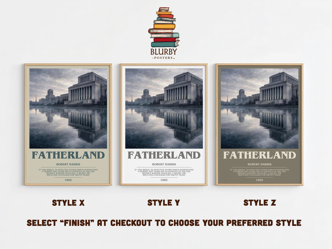 Fatherland bookish print in frame leaning in hallway – thriller wall art (mockup)