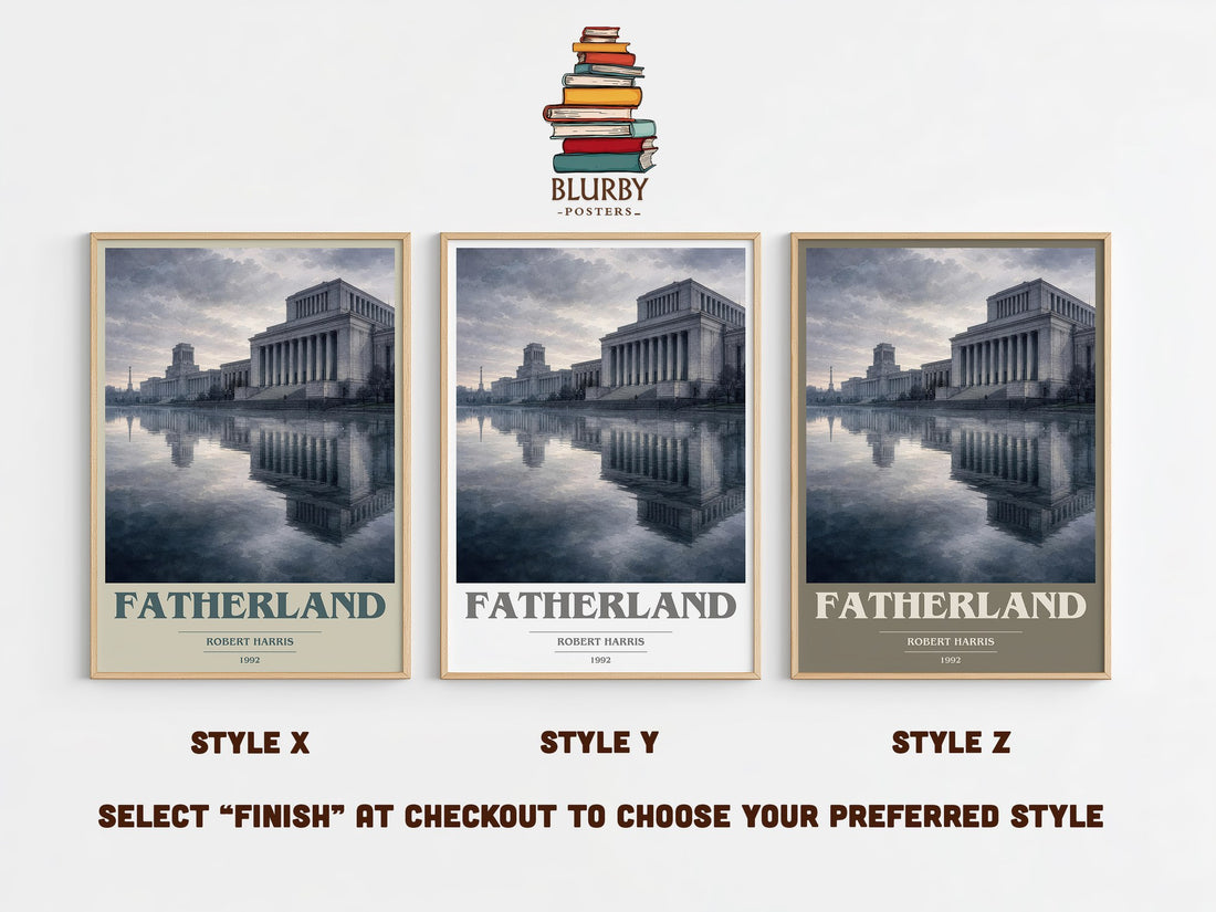 Fatherland book cover print in frame leaning in hallway – thriller wall art (mockup)