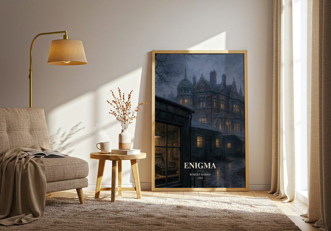 Enigma watercolour print in frame leaning in hallway – thriller wall art (mockup)