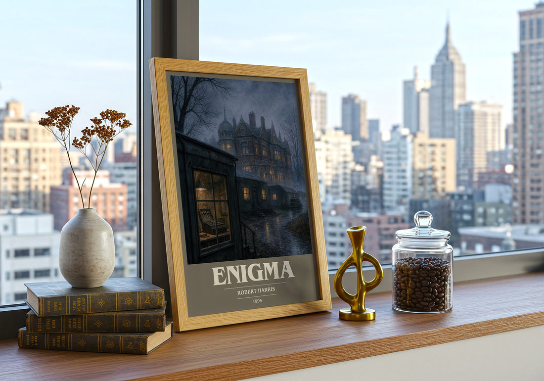 Enigma book cover print framed by window – literary home decor