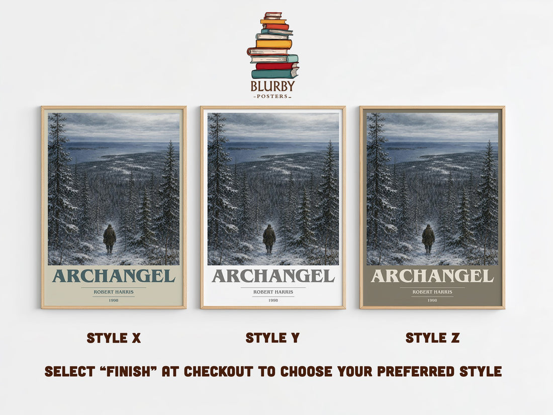 Archangel book cover print in frame leaning in hallway – thriller wall art (mockup)