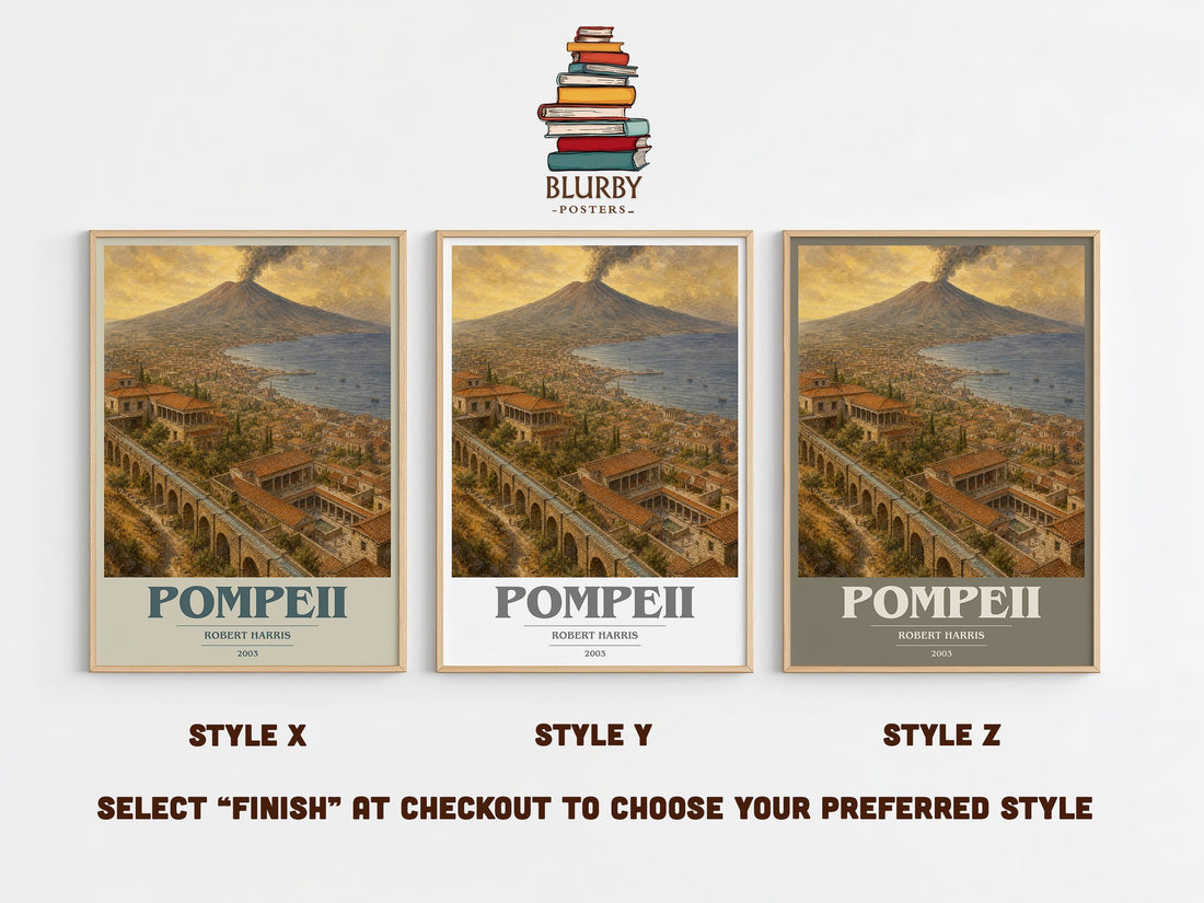 Pompeii book cover print in frame leaning in hallway – historical fiction wall art (mockup)