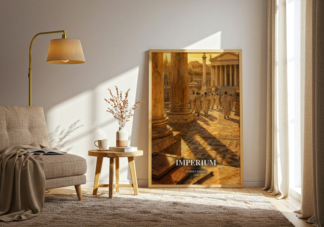 Imperium watercolour print in frame leaning in hallway – historical fiction wall art (mockup)