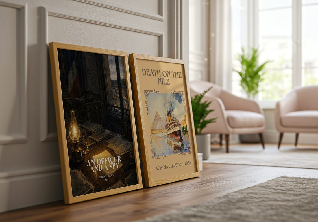 An Officer and a Spy watercolour print framed by window – literary home decor