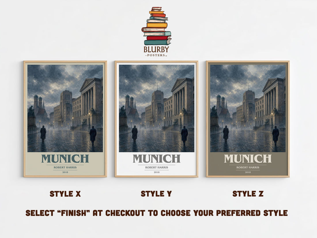 Munich book cover print in frame leaning in hallway – historical fiction wall art (mockup)