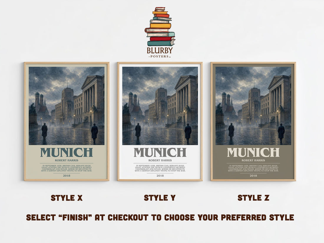 Munich bookish print in frame leaning in hallway – historical fiction wall art (mockup)