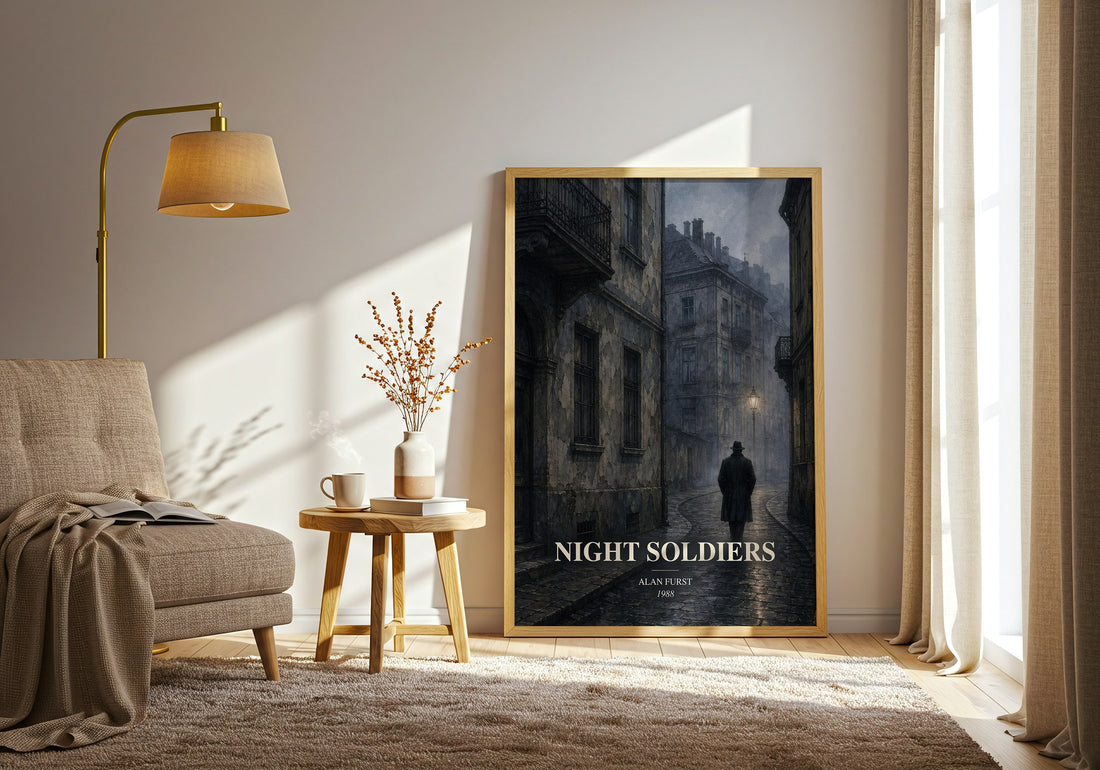 Night Soldiers watercolour print in frame leaning in hallway – thriller wall art (mockup)