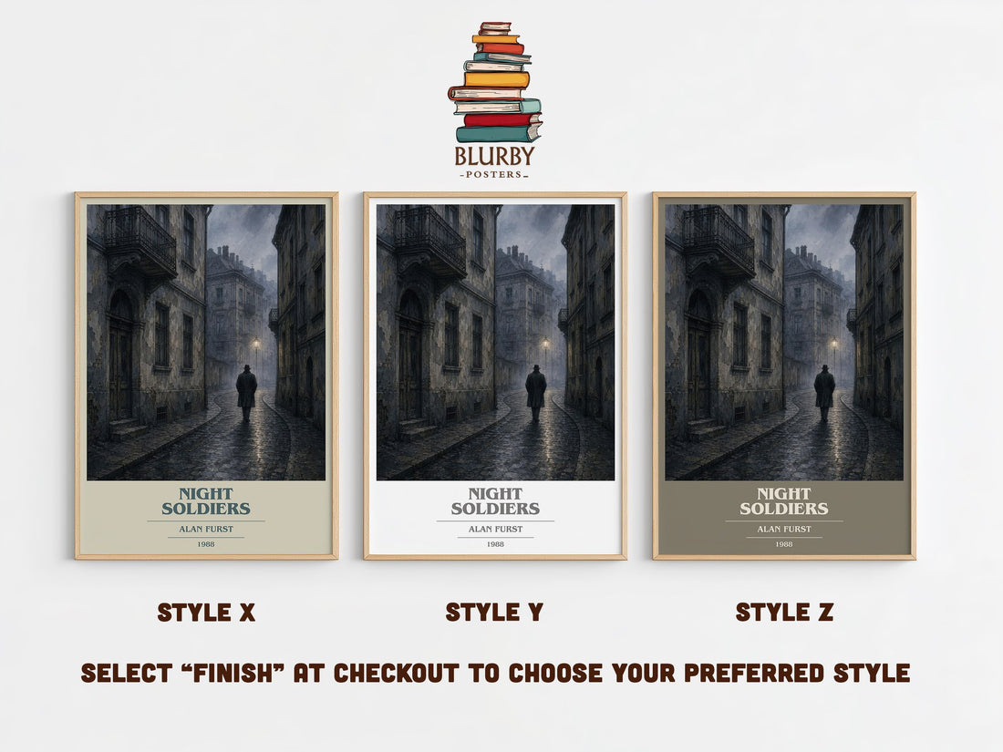 Night Soldiers book cover print in frame leaning in hallway – thriller wall art (mockup)