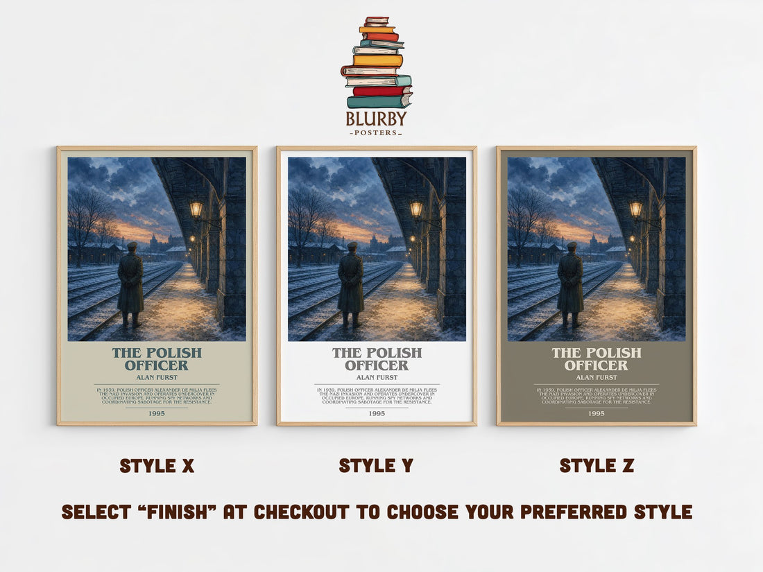 The Polish Officer bookish print in frame leaning in hallway – thriller wall art (mockup)