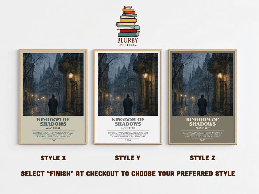 Kingdom of Shadows bookish print in frame leaning in hallway – thriller wall art (mockup)