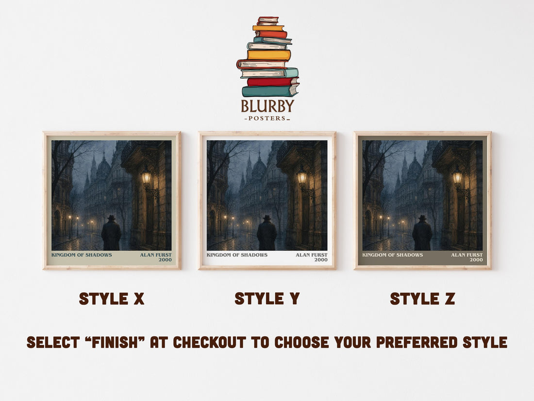 Kingdom of Shadows literary print in frame leaning in hallway – thriller wall art (mockup)