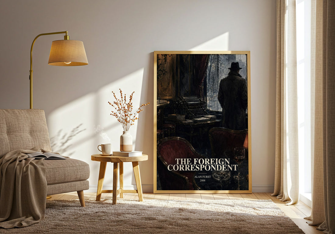 The Foreign Correspondent watercolour print in frame leaning in hallway – thriller wall art (mockup)