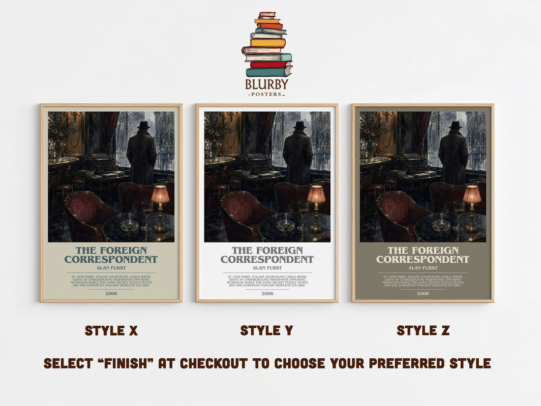 The Foreign Correspondent bookish print in frame leaning in hallway – thriller wall art (mockup)