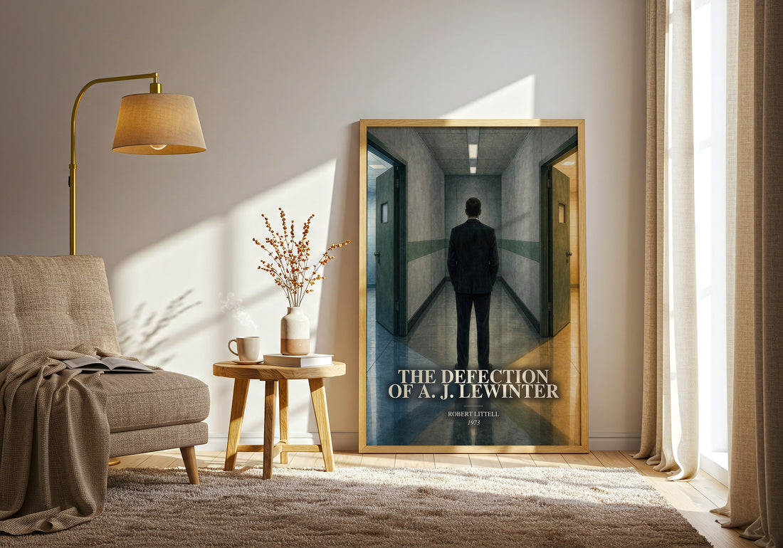 The Defection of A. J. Lewinter watercolour print in frame leaning in hallway – thriller wall art (mockup)