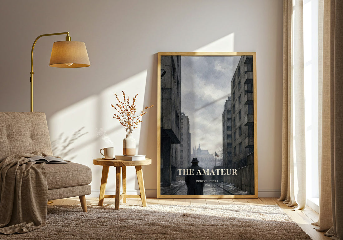 The Amateur watercolour print in frame leaning in hallway – thriller wall art (mockup)