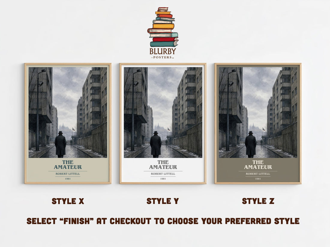 The Amateur book cover print in frame leaning in hallway – thriller wall art (mockup)