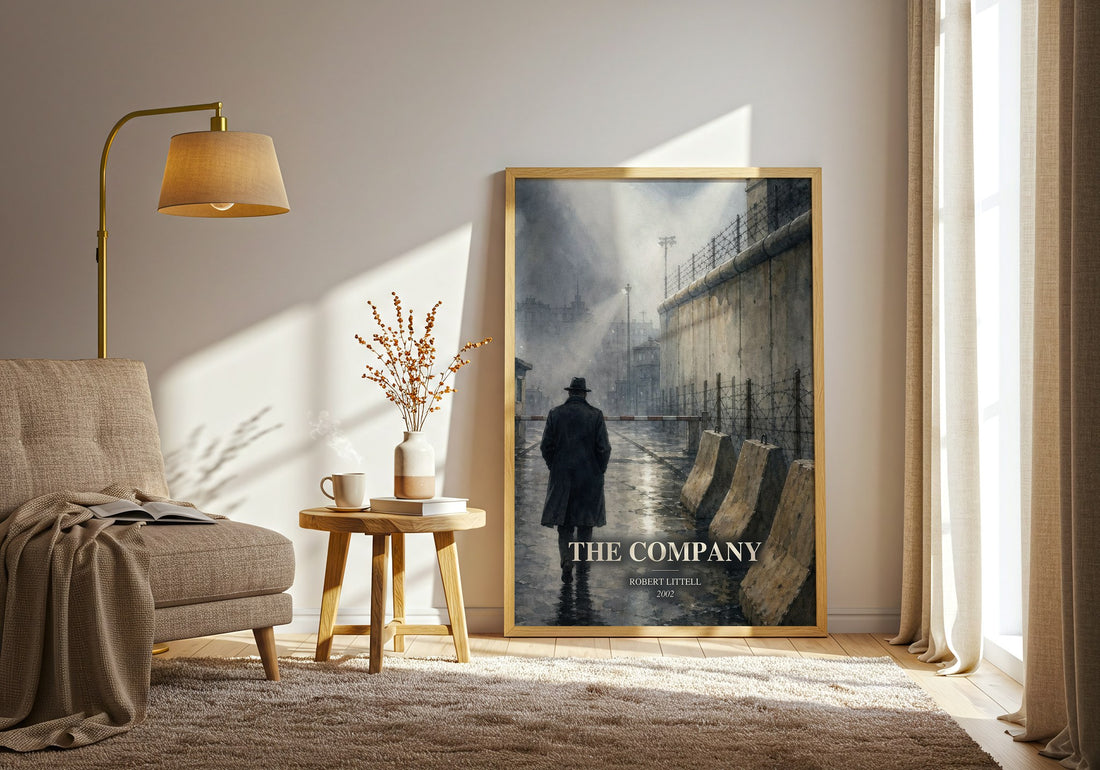 The Company watercolour print in frame leaning in hallway – thriller wall art (mockup)