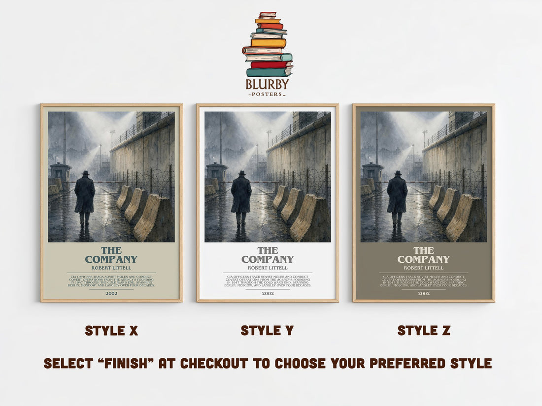 The Company bookish print in frame leaning in hallway – thriller wall art (mockup)