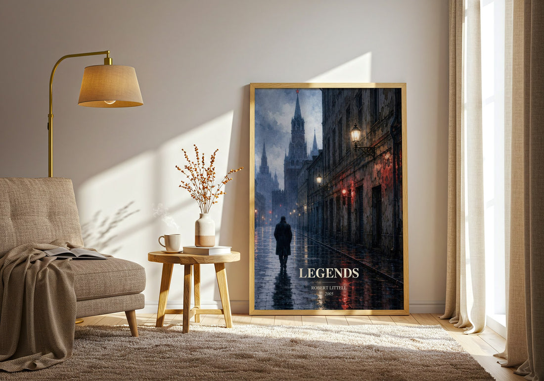 Legends watercolour print in frame leaning in hallway – thriller wall art (mockup)