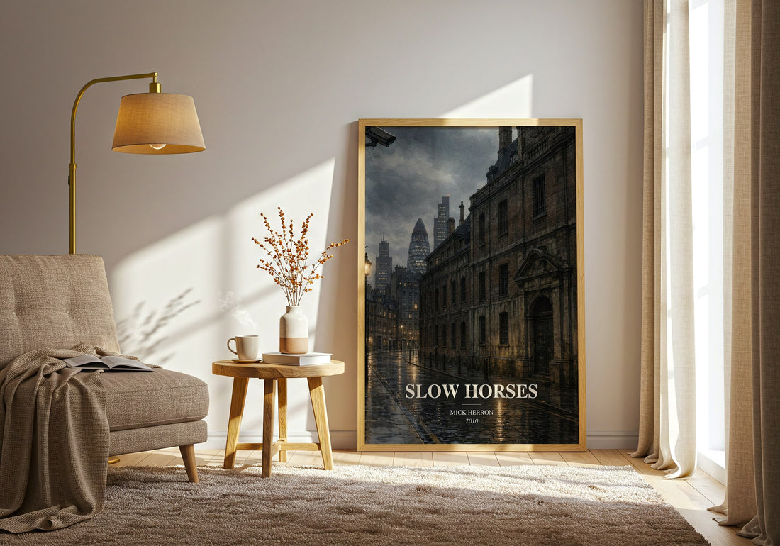 Slow Horses watercolour print in frame leaning in hallway – thriller wall art (mockup)