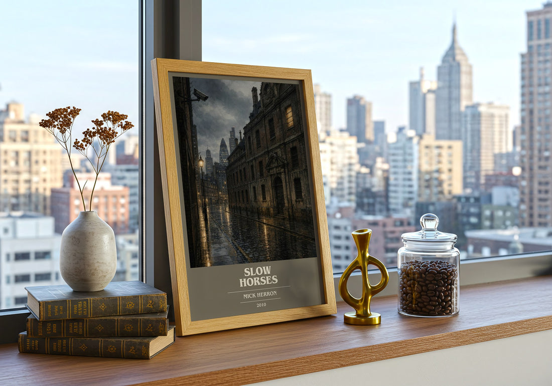 Slow Horses book cover print framed by window – literary home decor