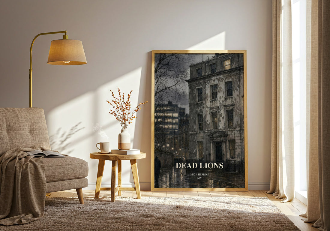 Dead Lions watercolour print in frame leaning in hallway – thriller wall art (mockup)