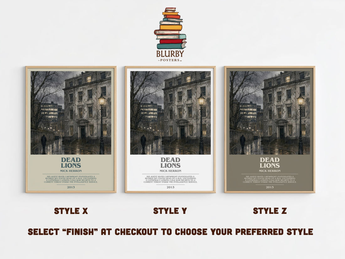 Dead Lions bookish print in frame leaning in hallway – thriller wall art (mockup)