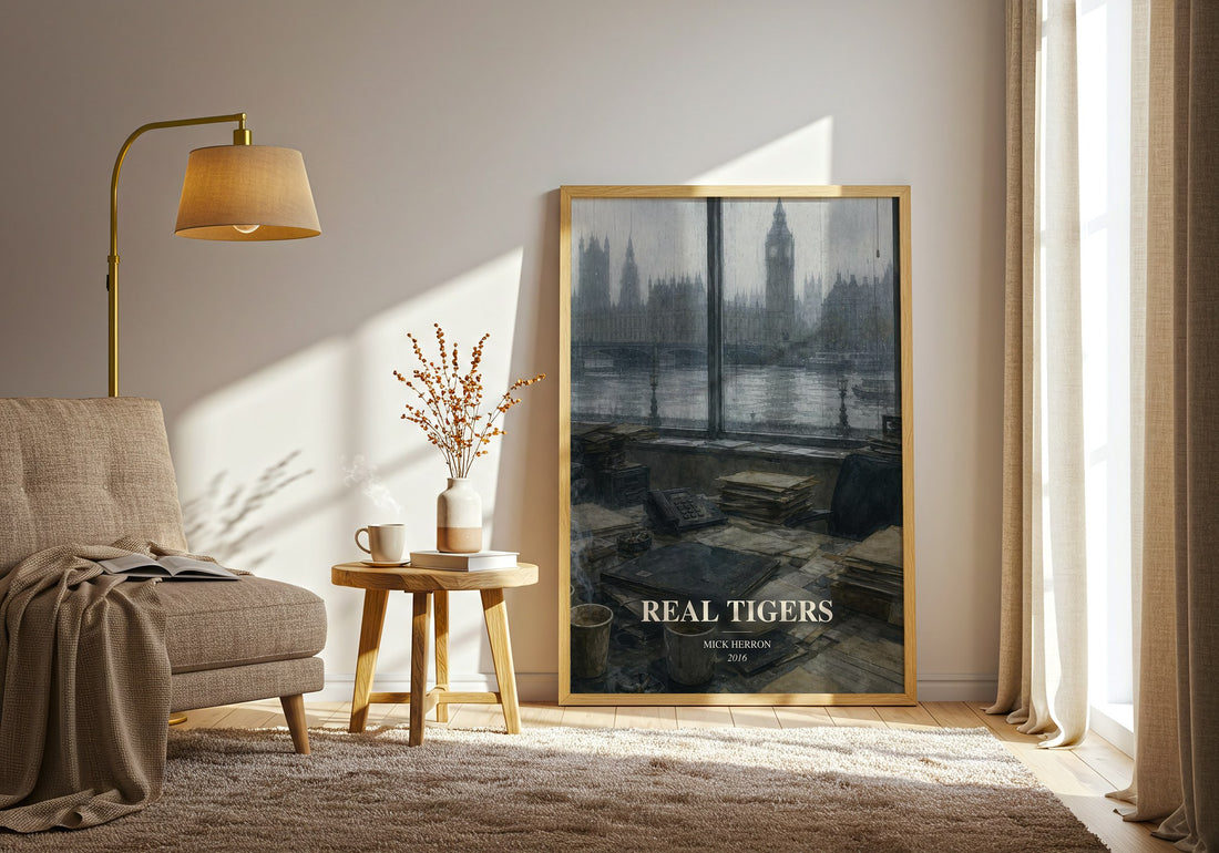 Real Tigers watercolour print in frame leaning in hallway – thriller wall art (mockup)