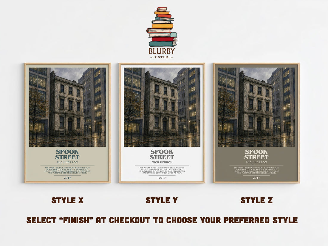 Spook Street bookish print in frame leaning in hallway – thriller wall art (mockup)