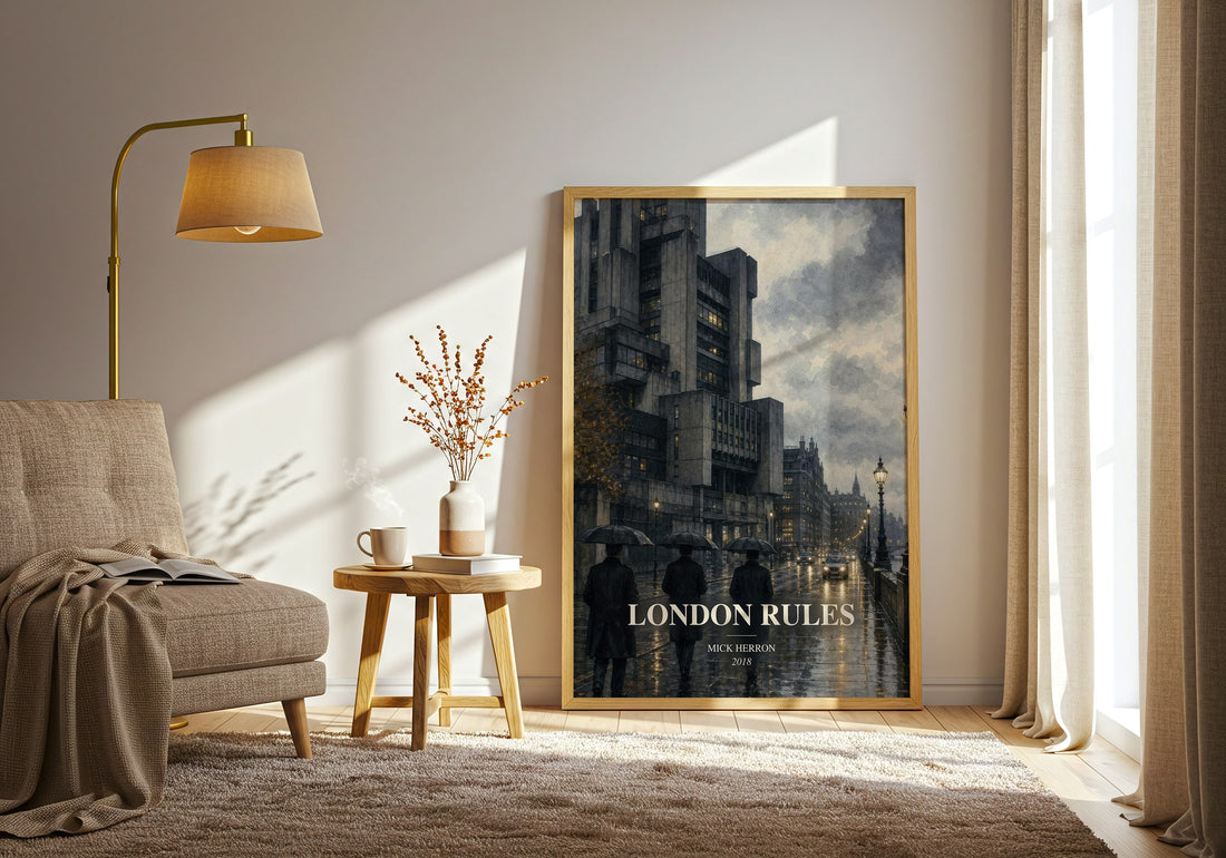 London Rules watercolour print in frame leaning in hallway – thriller wall art (mockup)