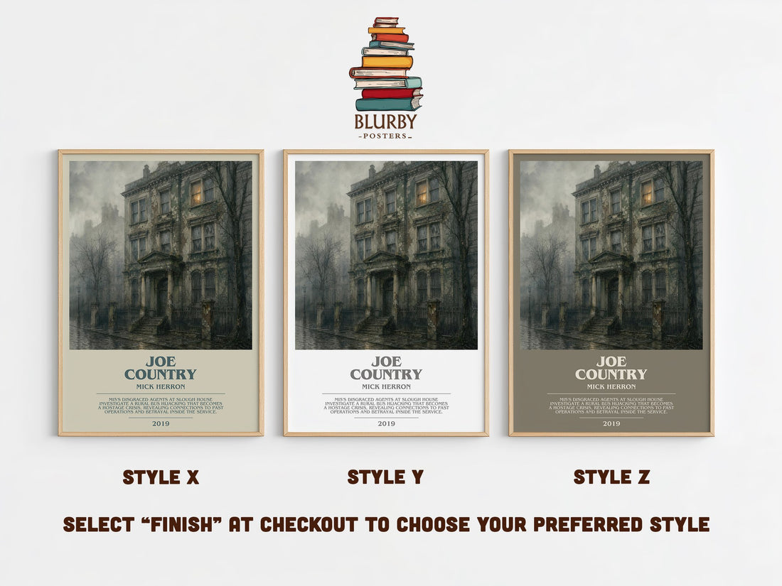 Joe Country bookish print in frame leaning in hallway – thriller wall art (mockup)