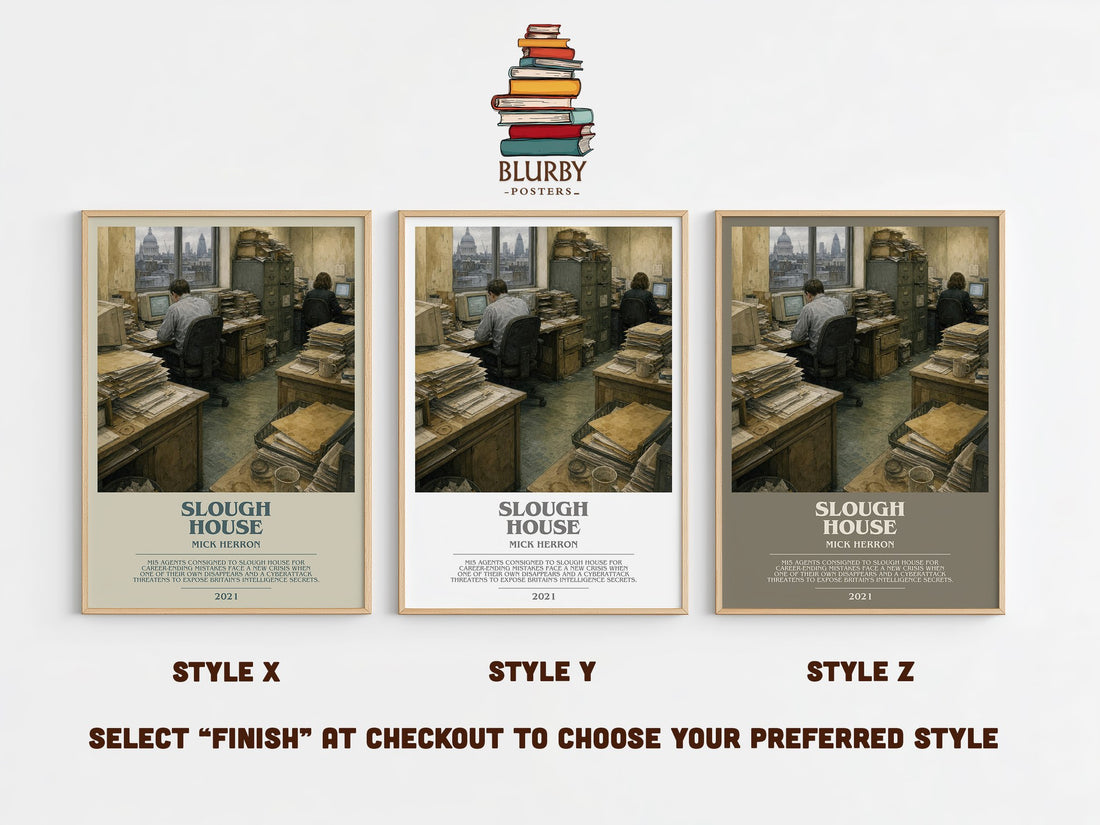Slough House bookish print in frame leaning in hallway – thriller wall art (mockup)
