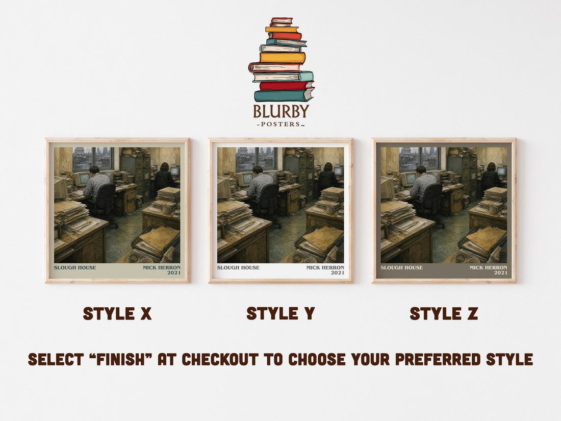 Slough House literary print in frame leaning in hallway – thriller wall art (mockup)