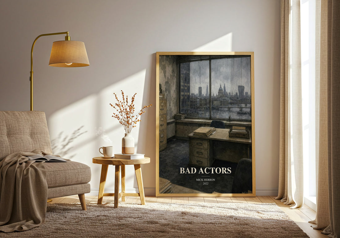 Bad Actors watercolour print in frame leaning in hallway – thriller wall art (mockup)