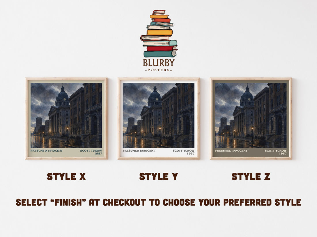 Presumed Innocent literary print in frame leaning in hallway – legal thriller wall art (mockup)