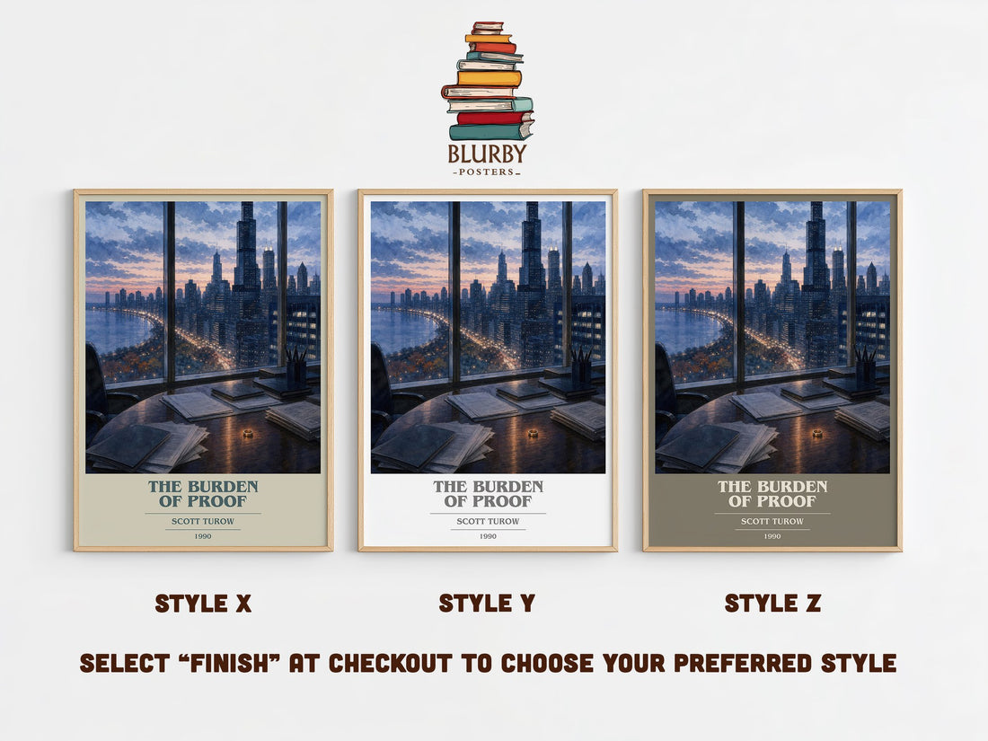 The Burden of Proof book cover print in frame leaning in hallway – legal thriller wall art (mockup)
