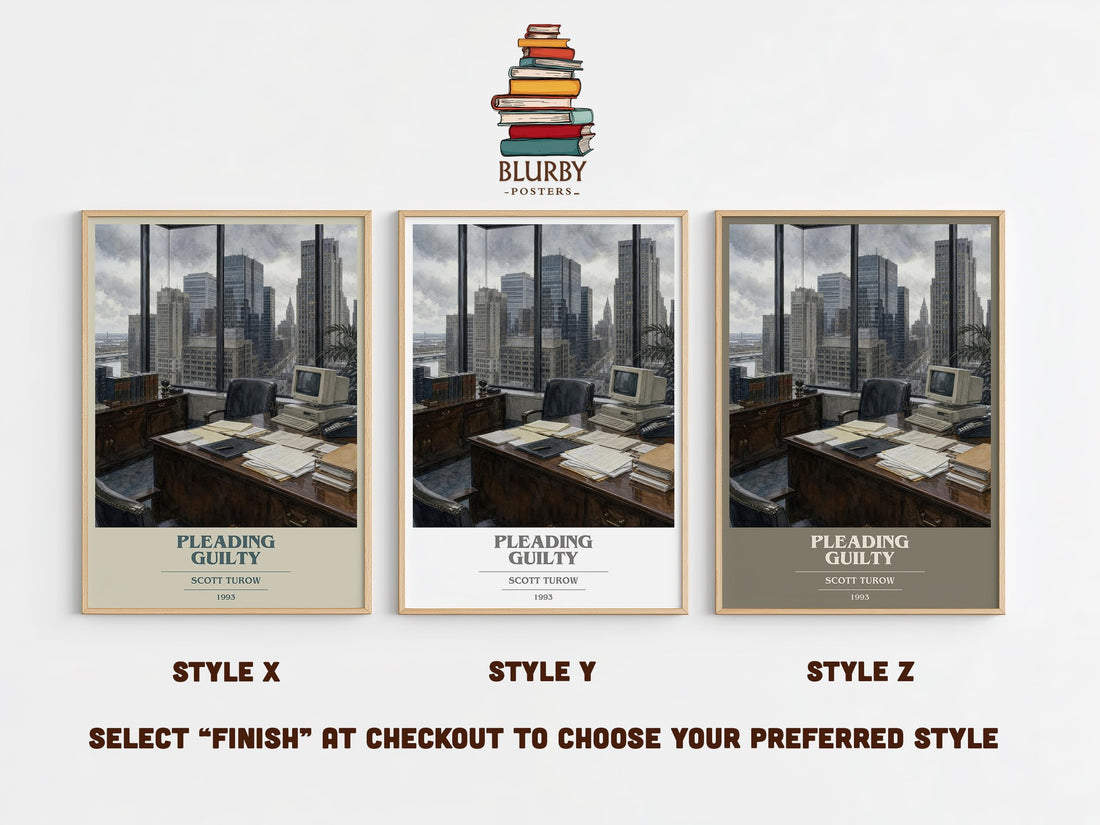 Pleading Guilty book cover print in frame leaning in hallway – legal thriller wall art (mockup)