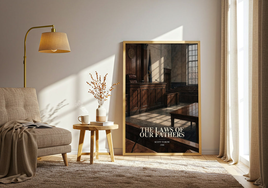The Laws of Our Fathers watercolour print in frame leaning in hallway – legal thriller wall art (mockup)