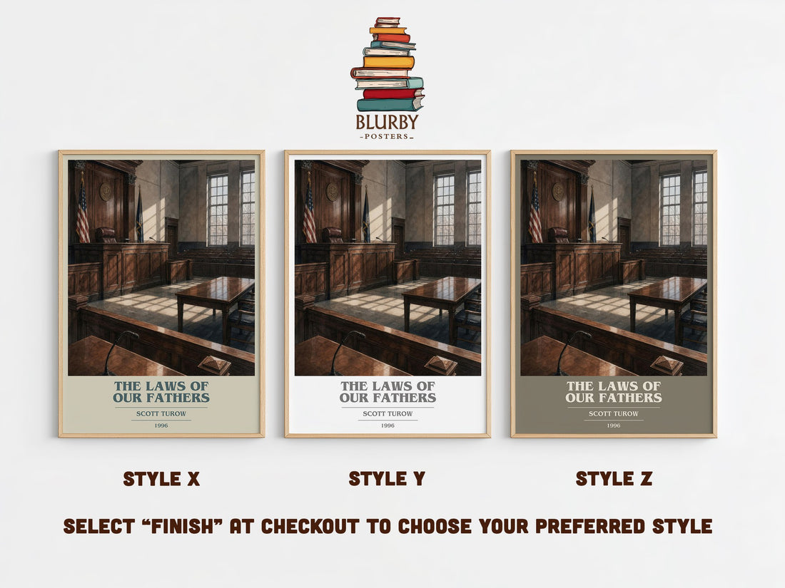 The Laws of Our Fathers book cover print in frame leaning in hallway – legal thriller wall art (mockup)