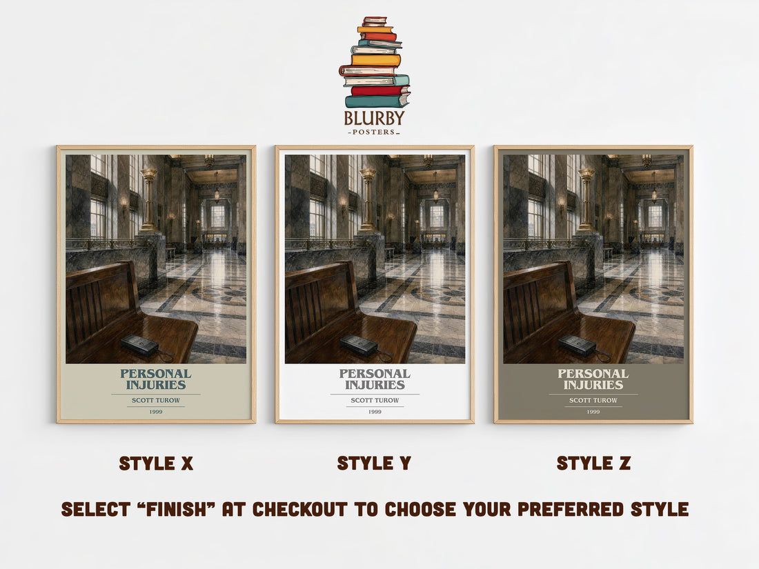 Personal Injuries book cover print in frame leaning in hallway – legal thriller wall art (mockup)