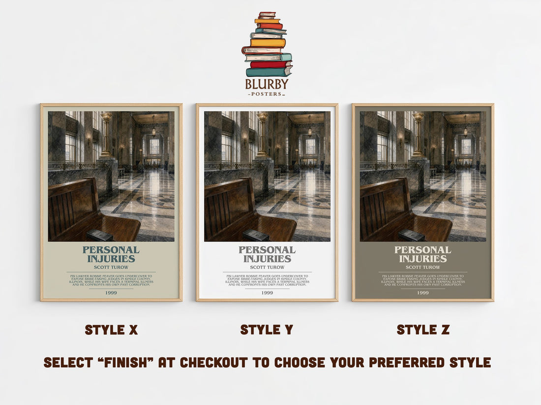 Personal Injuries bookish print in frame leaning in hallway – legal thriller wall art (mockup)